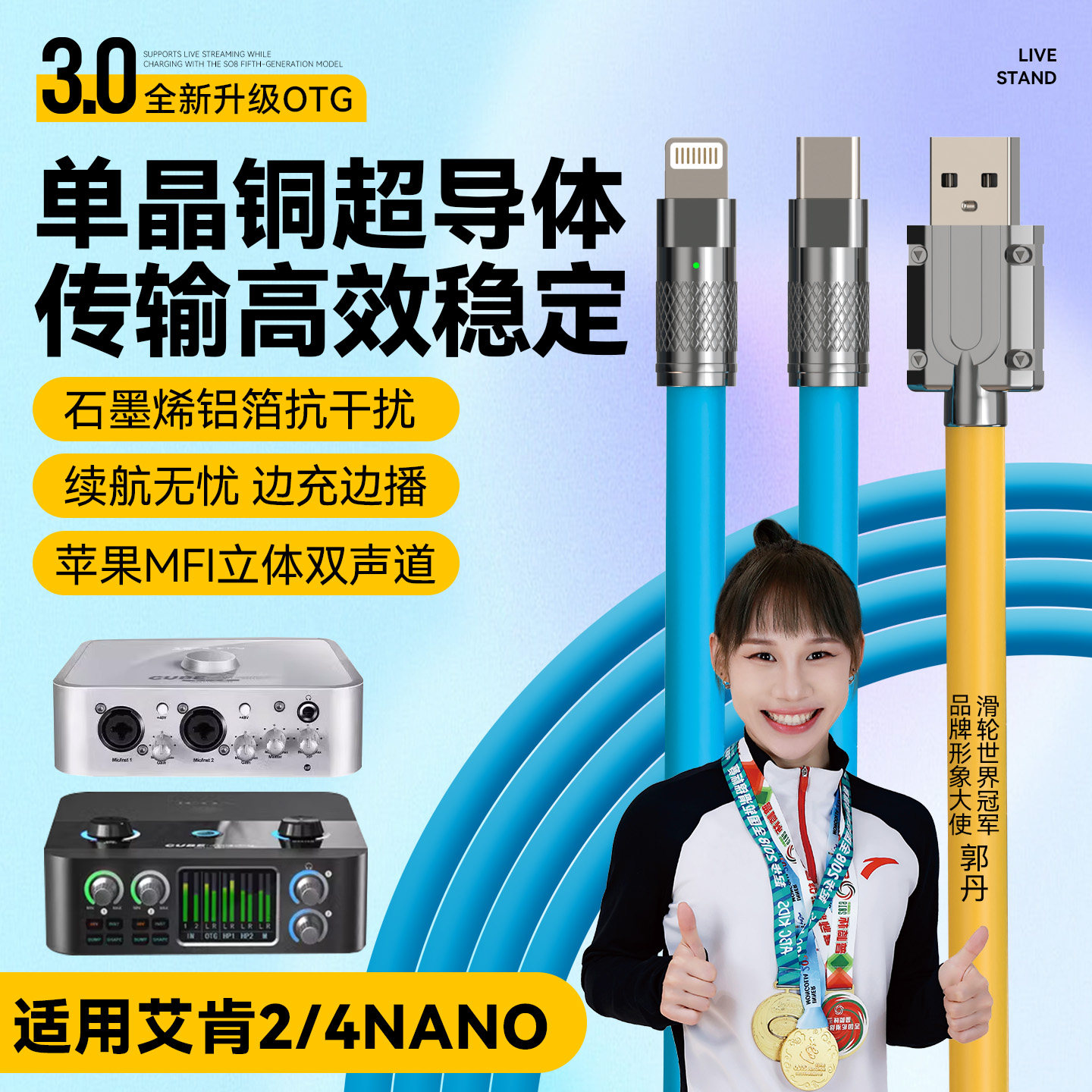 ICON艾肯2/4nano声卡OTG转接头直播线内录线数据线声卡线支持边充边播苹果专用OTG三合一传输线
