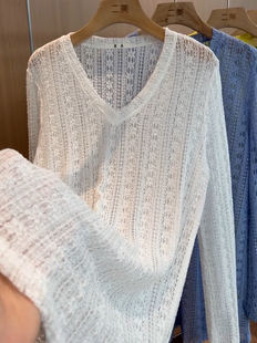 蕾丝衫 显瘦百搭V领套头镂空简约风长袖 上衣女潮 新款 欧货2026夏季