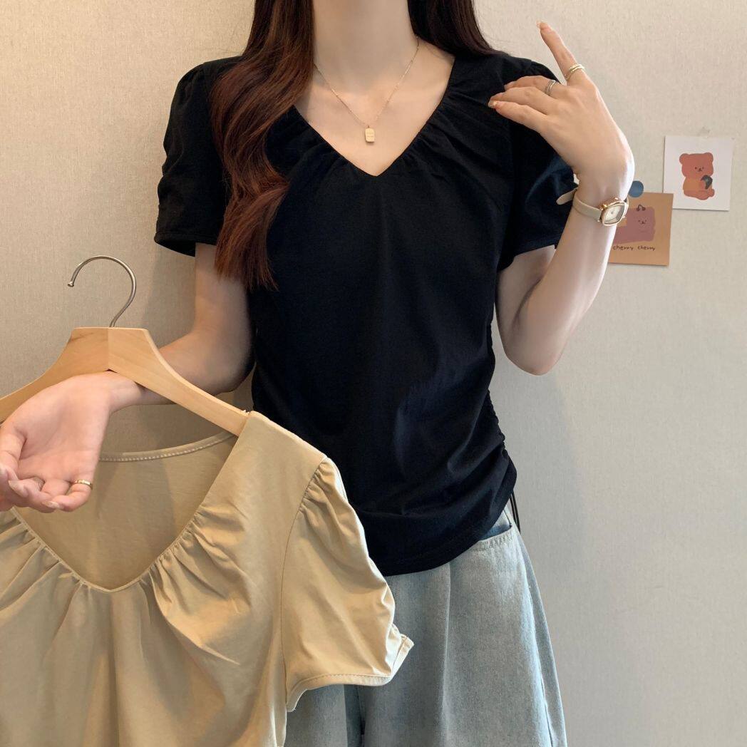 通勤V领短袖褶皱显瘦遮肚T恤