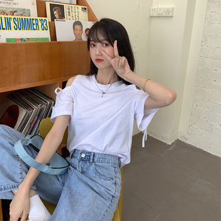 夏装韩范露肩上衣女漏肩短袖t恤女学生小众显瘦绑带港味ins上衣