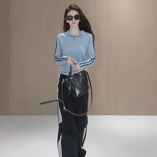 初秋欧货时尚撞色拼接条纹长袖T恤女春秋百搭休闲打底衫上衣女