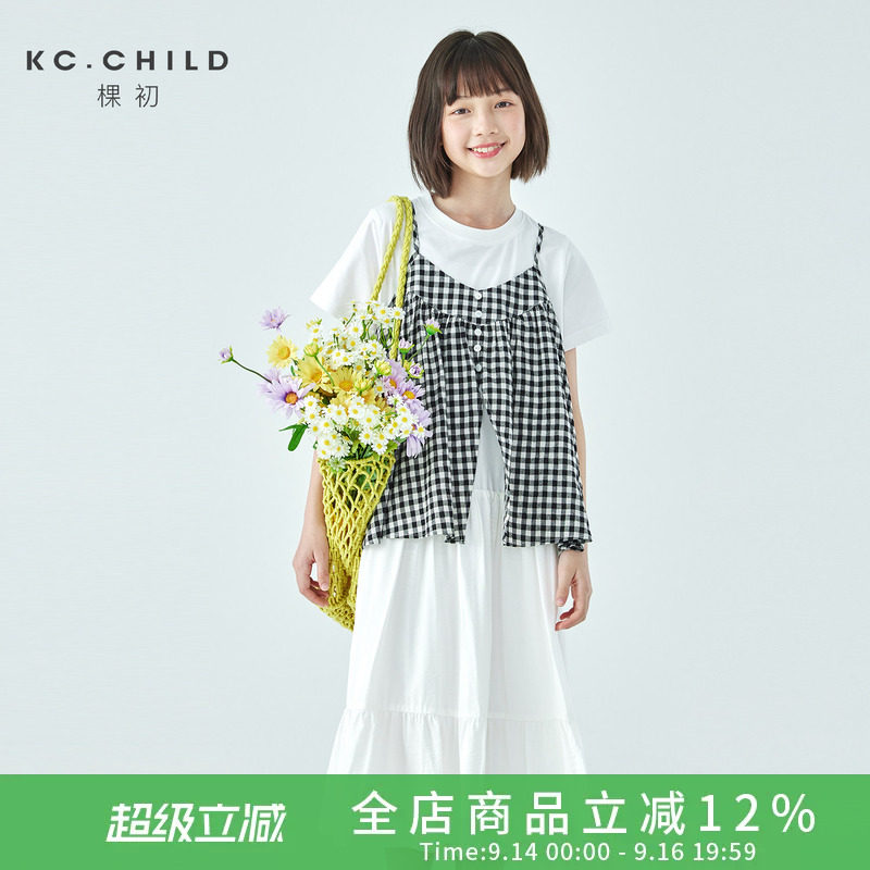 棵初夏新款女童格纹T恤裙套装图片