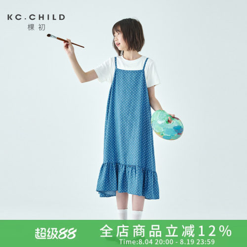 棵初女童轻薄牛仔波点吊带裙