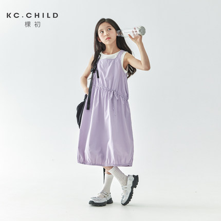棵初2025年夏季新款女童工装连衣裙不规则腰线紫色亲子花苞裙