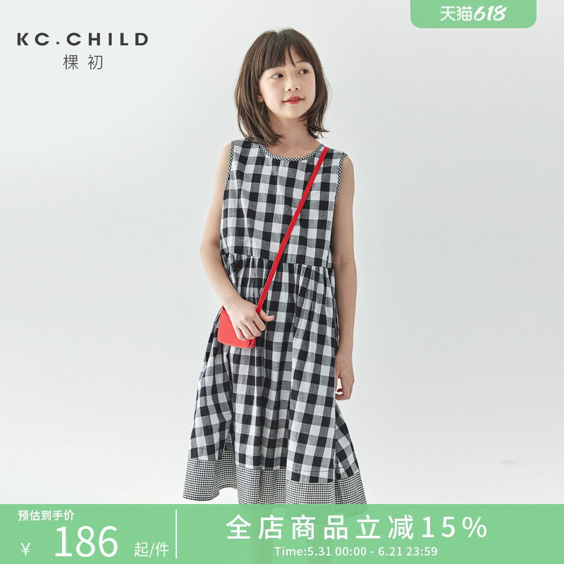 棵初2026夏季新款亲子中大女童格子连衣裙纯棉A字裙无袖背心裙
