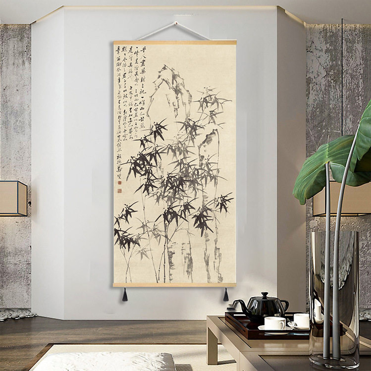 新中式国画仿古画书房客厅玄关办公室装饰画竖版免打孔布艺挂珏沁