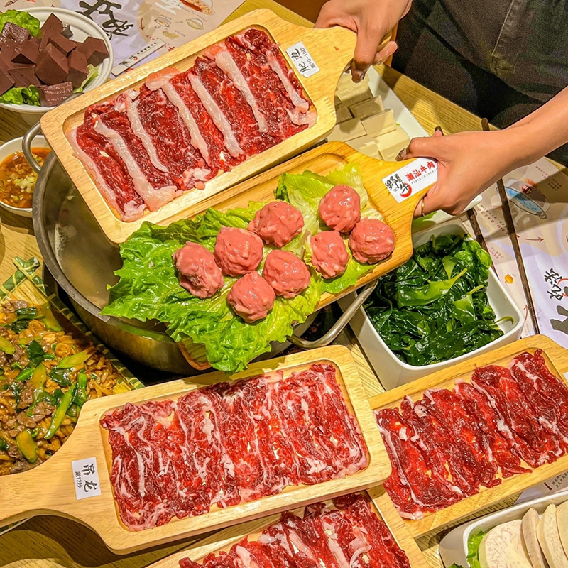 烤肉摆盘火锅店肉子披萨盘特色鲜肉牛羊肉肥盘子虾滑实木竹木盘