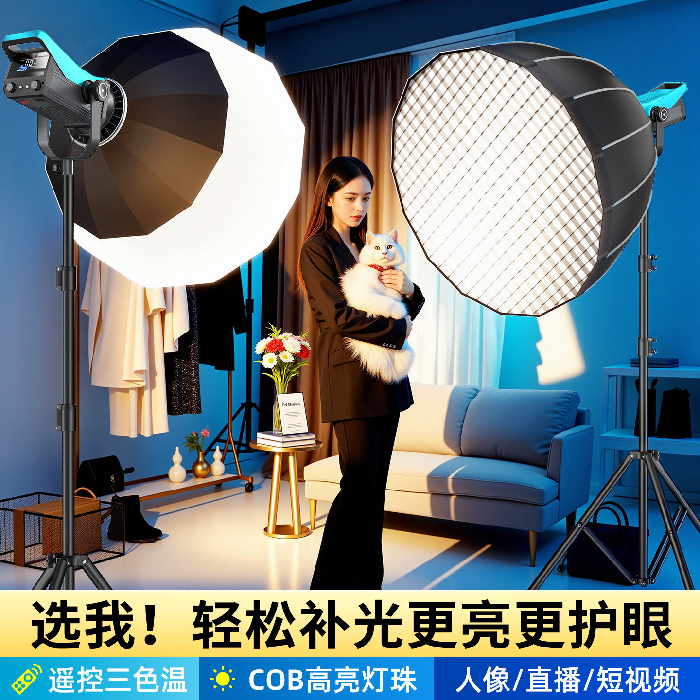 300W专业COB直播摄影灯主播专用球形深抛柔光箱直播间专业全套设备室内影棚人像服装拍摄背景氛围打光太阳灯