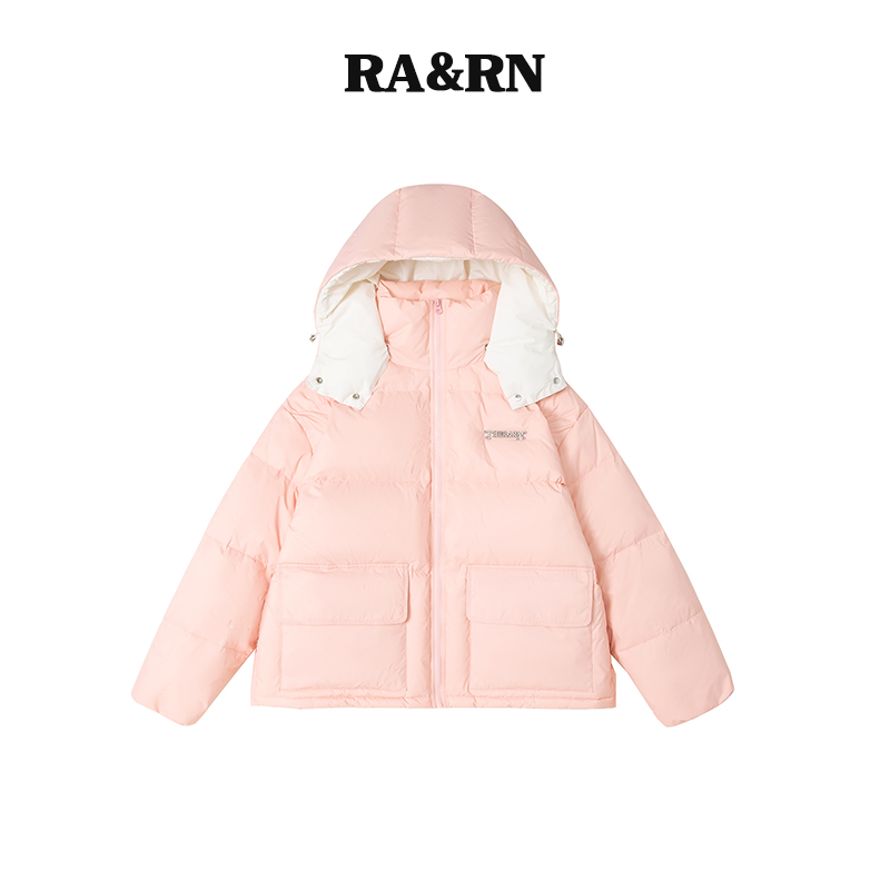 RARN米色撞色连帽压花羽绒服