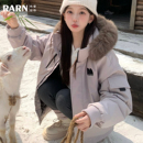 RARN工装 保暖防风外套男 派克羽绒服女毛领90白鸭绒紫色派克服冬季