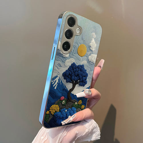 适用于三星GalaxyS25ultra手机壳雪山蓝玫瑰支架小羊皮s22新品s24+男女款全包防摔高级感套简约s23plus至尊