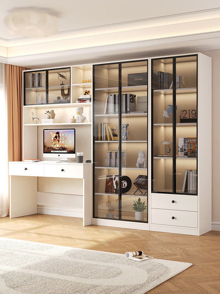 书桌书架一体轻奢写字桌带书柜组合家用现代简约办公电脑桌可定制