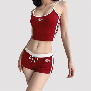 套装 美式 吊带背心红白撞色抽绳包臀热裤 女夏季 辣妹风休闲运动短裤