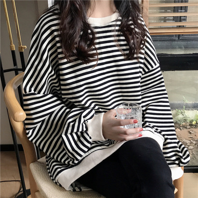 东南亚爆款2026韩版条纹宽松大码t恤长袖bf风女生帅气怪味少女上