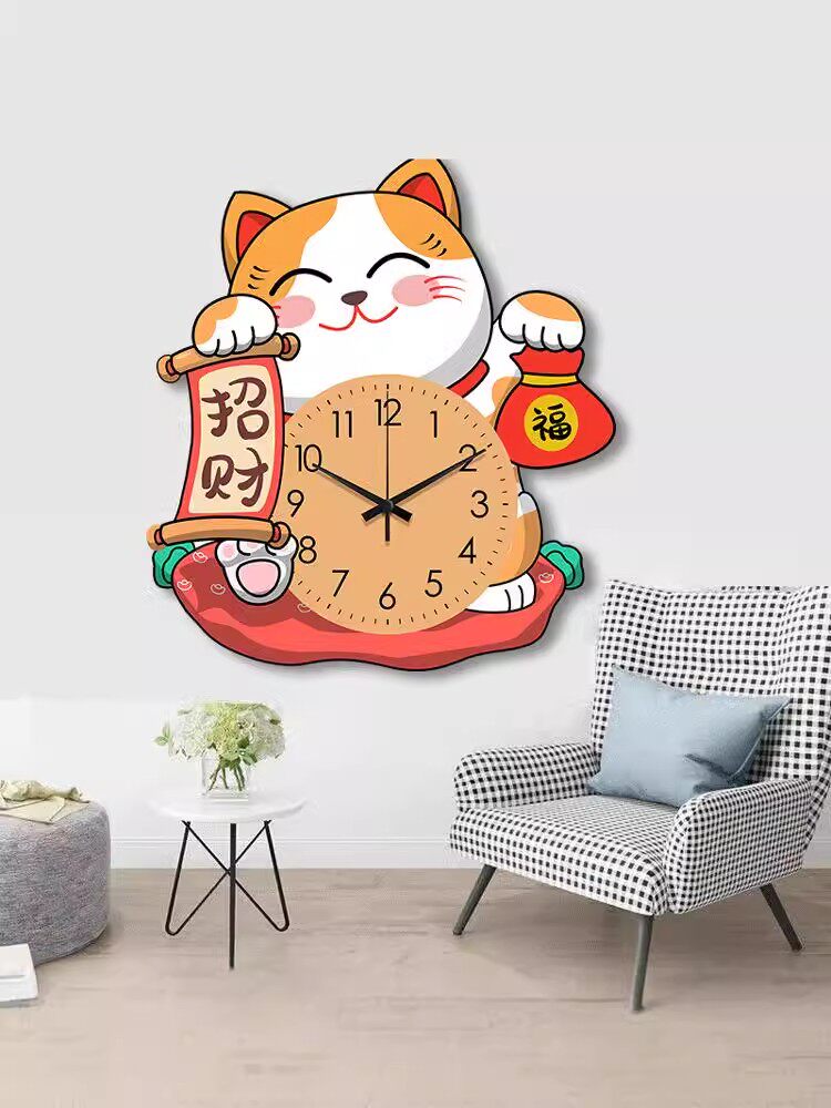 2026 новый ресторан Zhaocai cat атмосферные часы настенные часы для гостиной чистые красные креативные часы домашние простые настенные часы Изображение 1
