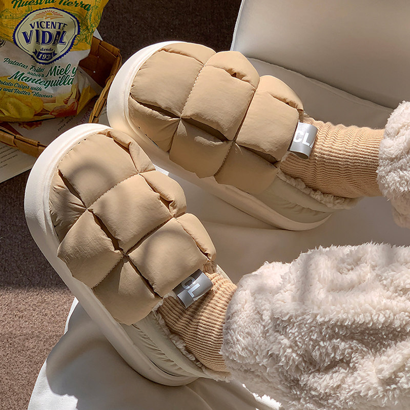 厚底棉拖鞋女秋冬季保暖加厚羽绒防水室内家居情侣包跟外穿棉鞋男
