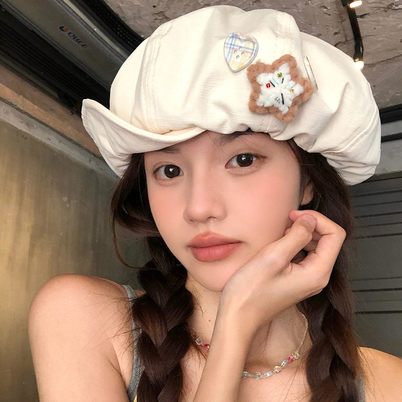 可爱星星翻檐棉麻八角帽女春夏季显脸小贝雷帽甜美百搭云朵画家帽