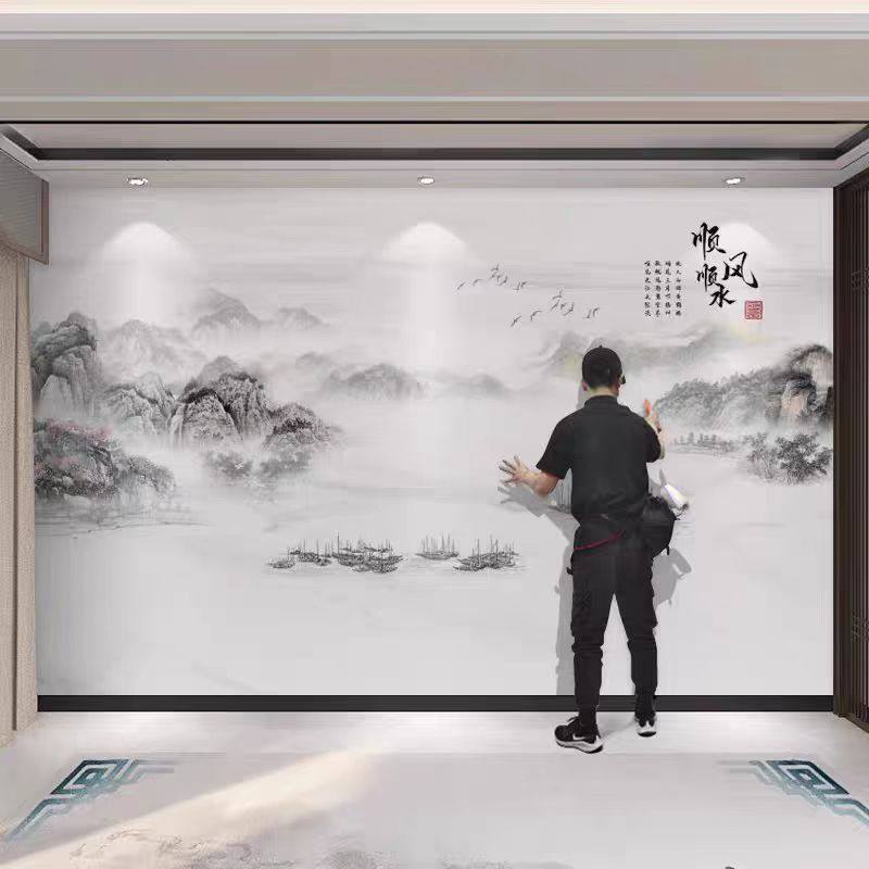 钉制2025新款电视背景墙壁画新中式山水影视墙布简约立体客厅壁纸