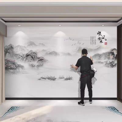 钉制2025新款电视背景墙壁画新中式山水影视墙布简约立体客厅壁纸