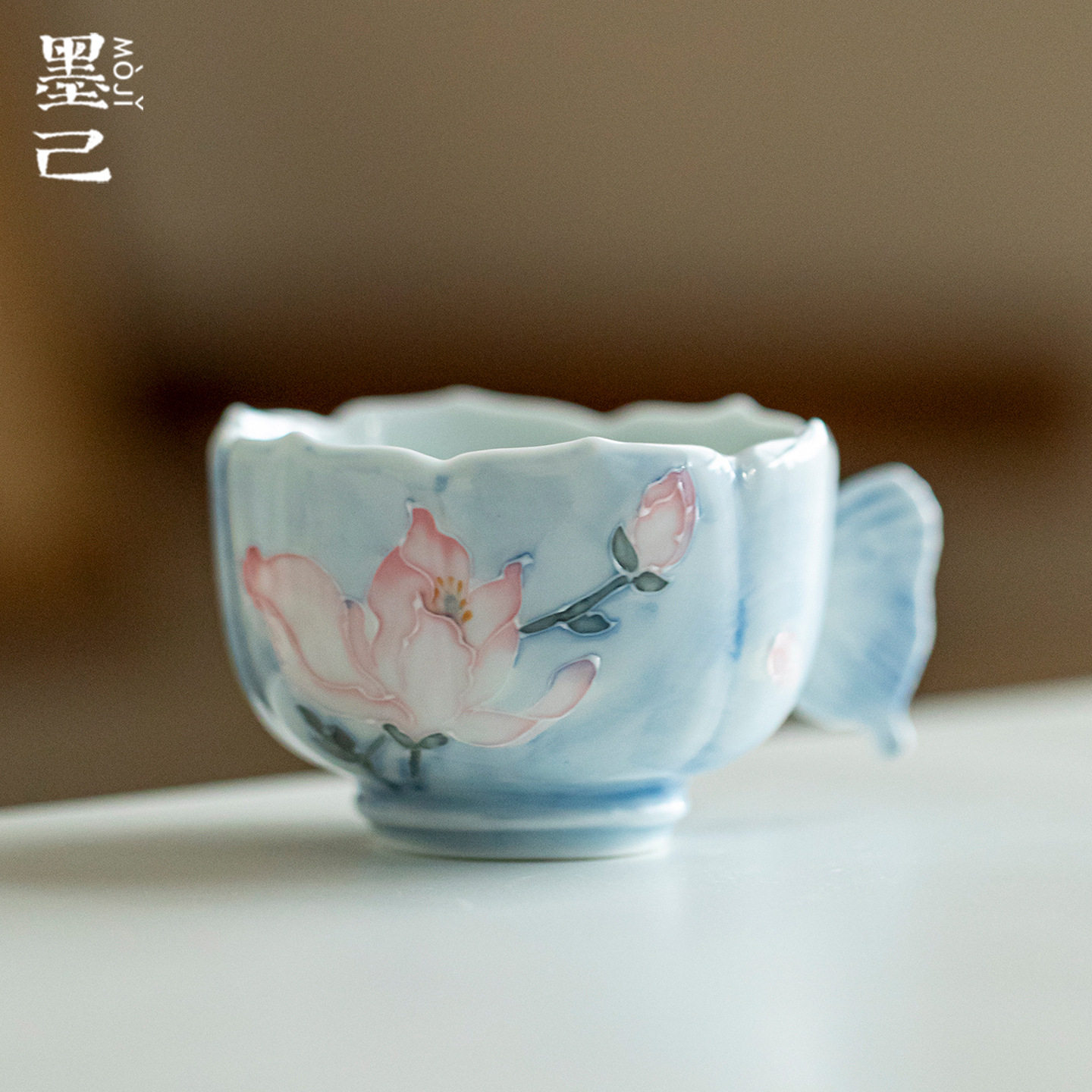 墨己有田烧手绘雾漫玉兰陶瓷手把茶杯功夫茶具蝴蝶下午茶杯主人杯