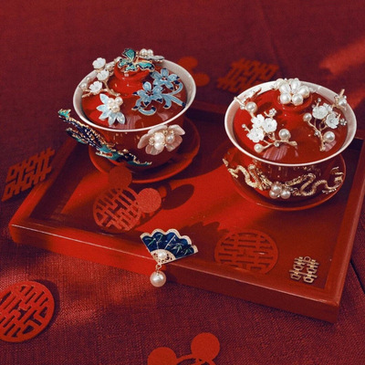 喜结连理敬茶杯婚庆用品陪嫁对杯手作装饰陶瓷盖碗结婚改口杯