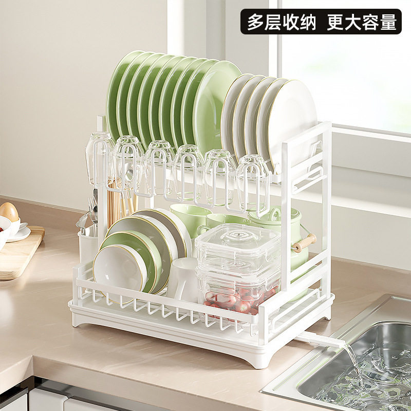 厨房白色方管沥水碗架家用碗筷水杯餐盘收纳架导水双层拆装碗碟架