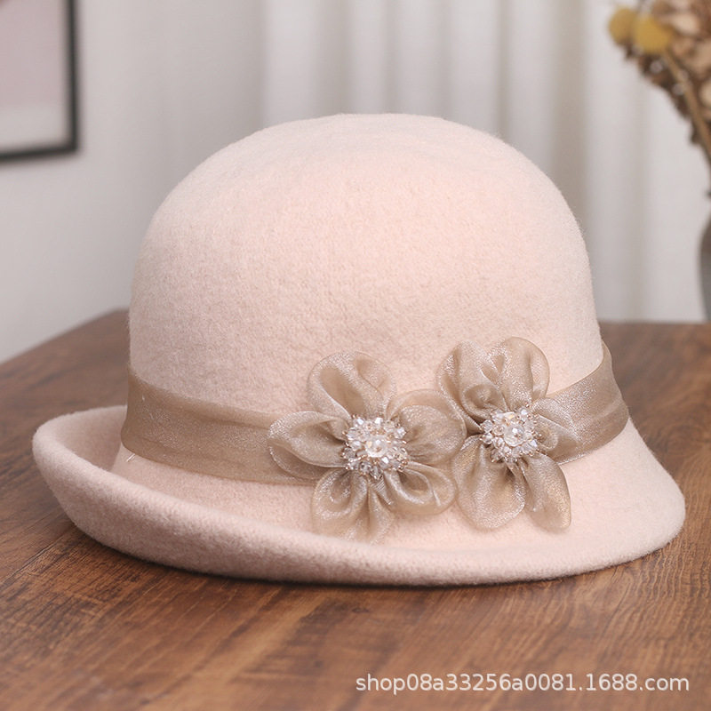 秋冬羊毛礼帽女复古卷边毛呢毡帽韩版优雅花朵时尚保暖盆帽渔夫帽