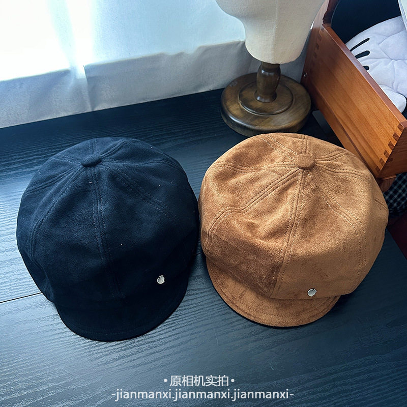 软檐纯色麂皮绒复古云朵贝雷帽百搭显脸小八角帽女春秋画家帽女款