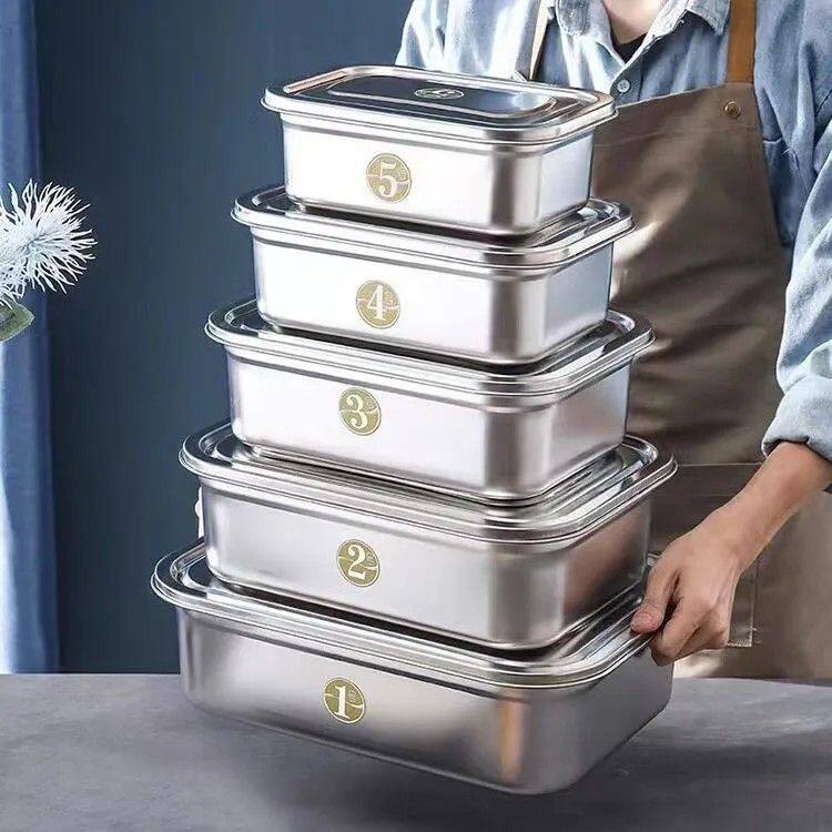 不锈钢保鲜盒收纳盒带盖饭盒冷藏商用长方形食品级菜盆凉拌快餐盆