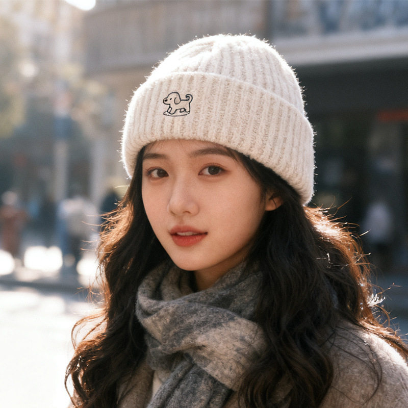 韩版小狗保暖毛线帽女秋冬百搭防风护耳套头帽显脸小冷帽针织帽男
