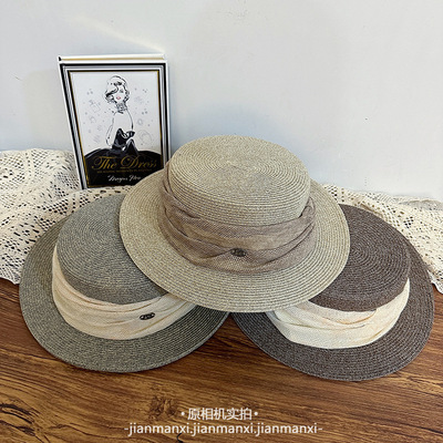 复古平顶礼帽女夏季礼帽透气遮阳草帽宽檐显脸小时尚平檐帽草编帽