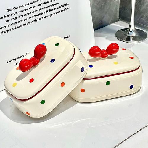 蝴蝶结沥水带盖香皂盒家用卫生间浴室肥皂盒萌趣可爱收纳专用盒子