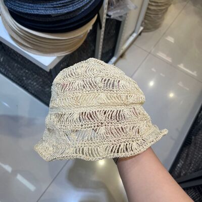 文艺小众草编镂空渔夫帽手工编织夏季透气防晒水桶帽可折叠草帽潮