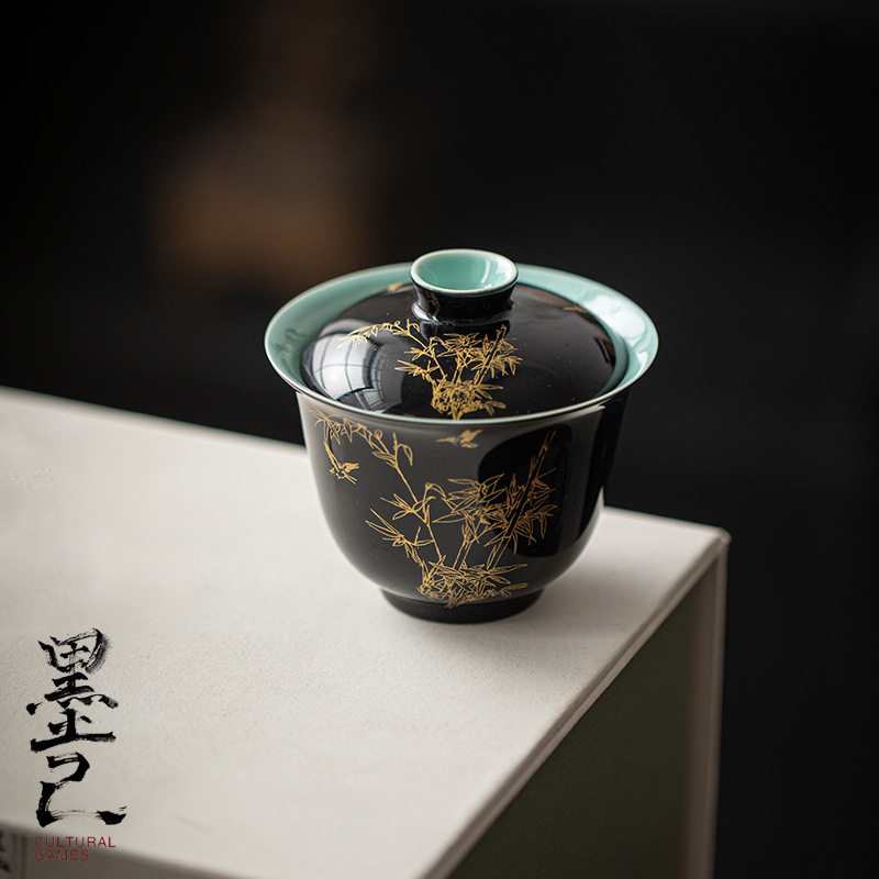 墨己玄黑釉盖碗仿古竹子泡茶碗防烫主泡碗家用内外釉茶具盖碗