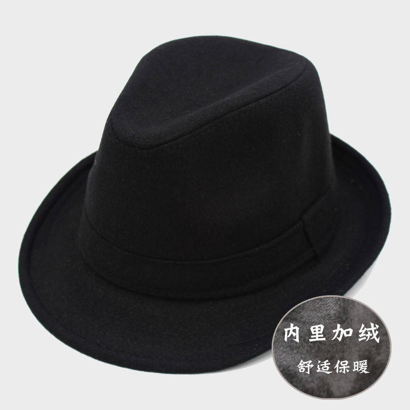男士礼帽老人子秋冬季加绒加厚大沿中老年老头毛呢保暖绅一件代发