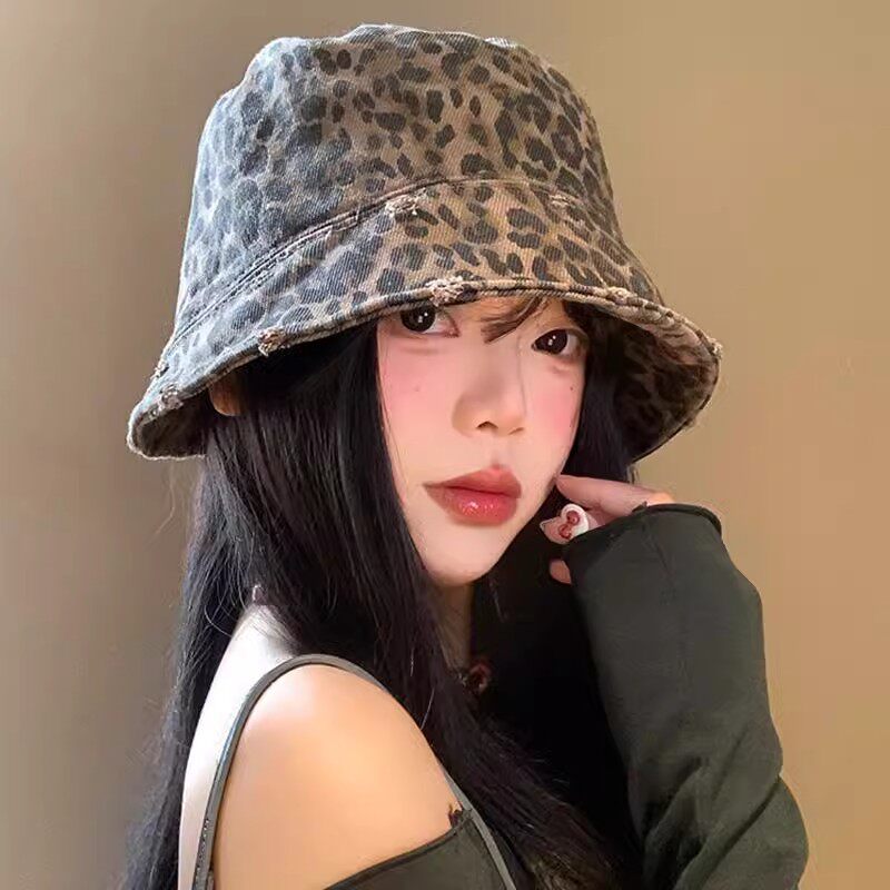 磨边破洞豹纹渔夫帽女韩版复古休闲百搭遮阳防晒素颜显脸小水桶帽