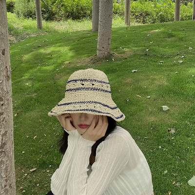 手工编织镂空草编条纹渔夫帽女夏韩版潮遮阳可折叠沙滩太阳帽草帽