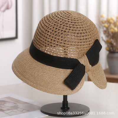 日系优雅蝴蝶结防晒草帽女夏季镂空透气渔夫帽可折叠出游遮阳盆帽