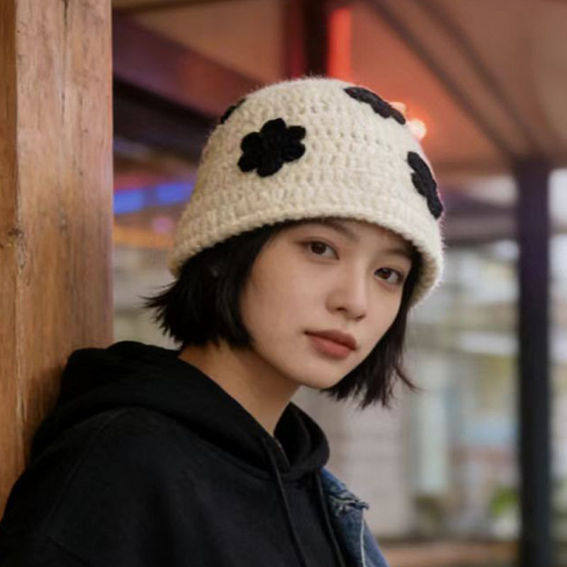 韩系复古花朵针织渔夫帽女2026新款秋冬保暖盆帽百搭显脸小毛线帽