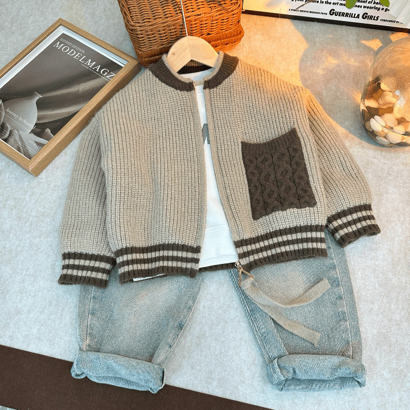 秋冬儿童拉链秋季针织开衫宝宝洋气百搭休闲拼色男童时尚毛衣