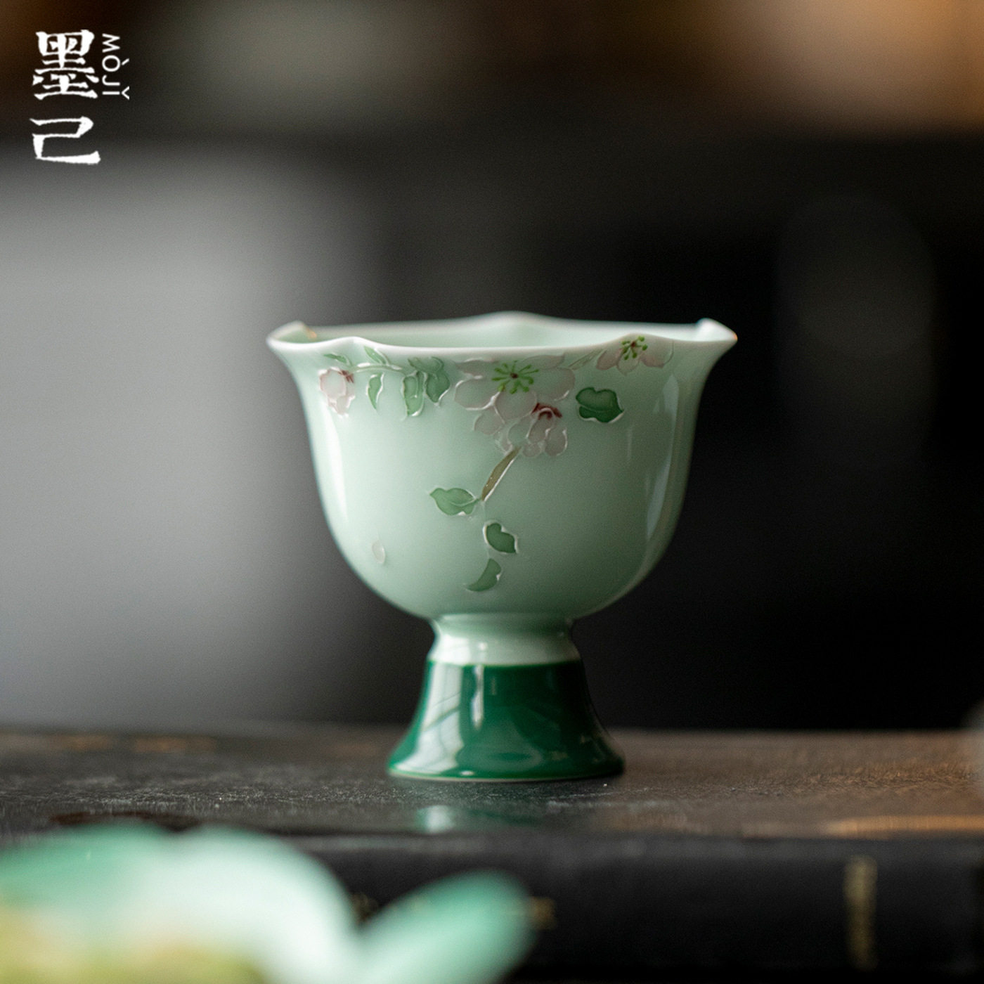 墨己仿宋高足花口茶杯手绘釉下彩梨花陶瓷品茗杯功夫茶具家用单杯