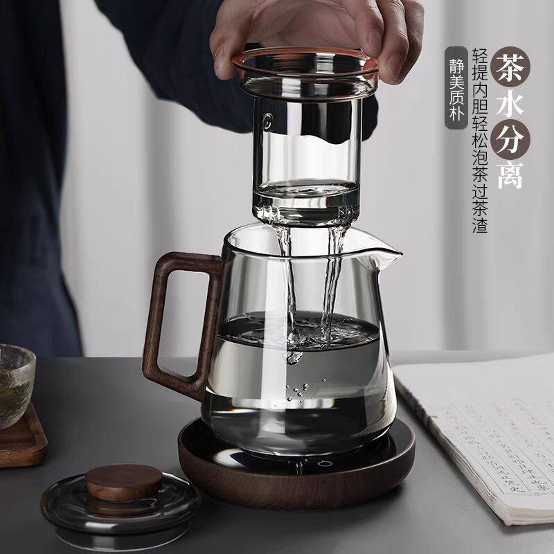 新款透黑玻璃语山泡茶壶大容量家用过滤茶水分离煮茶壶木把带盖壶