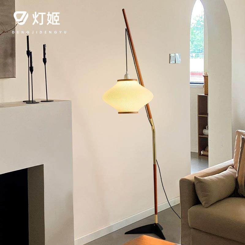 松铃中古客厅落地灯新中式复古禅意卧室灯侘寂风蚕丝钓鱼灯具casa