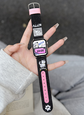 适用applewatchs10手表带11猫咪牛仔刺绣iwatchs10小众s9s8苹果手表链s7s65夏天电子ultra手表链se高级感真皮