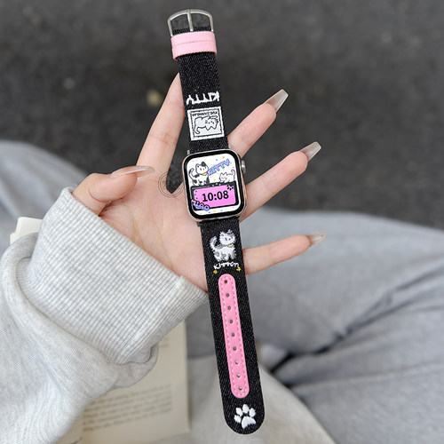 Uhada原创牛仔刺绣猫咪真皮表带