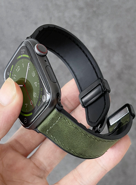 适用iwatchs9手表带新款疯马皮iwatchultra男款苹果手表s8s7s6s5表带真皮磁吸扣s4s3秋冬se2男士applewatchs9