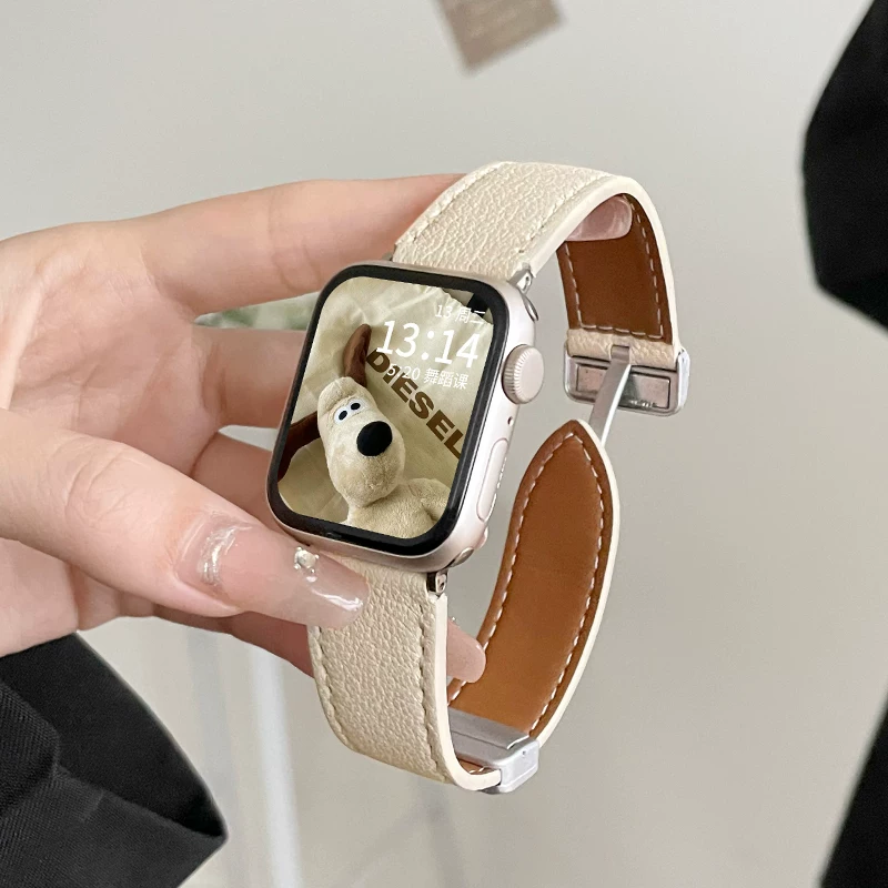 Подходящий ремешок для iWatch S8 S10 из натуральной кожи с магнитной пряжкой S7 S9 цепочка для часов S5 ремешок для часов S11 нишевые Apple Watch8 высококлассный женский ремешок текстура новый продукт