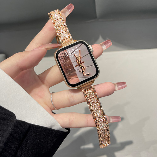 适用苹果手表iwatchs9手表带s10新款满钻s8s7s6高级感5手表带11金属applewatchs9女款小众iwatchse创意手表链