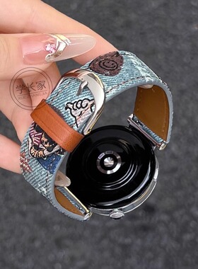 适用华为gt5/6表带新款牛仔watchgt4手表带真皮女款watch4腕表女式高级感gt3智能手表2女士5pro表链专用女生