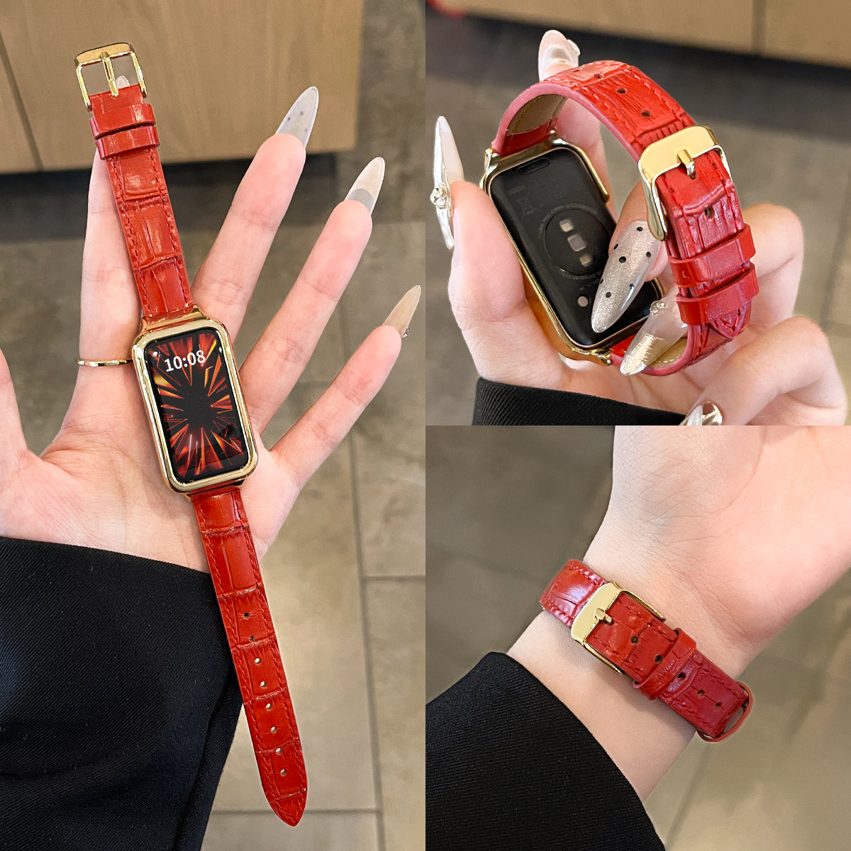 UhADa高级感真皮竹节纹表带红色